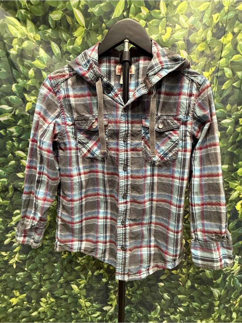 Mossimo Supply Co. Boys M 8/10 Plaid Hooded Button-Up Shirt Long Sleeve